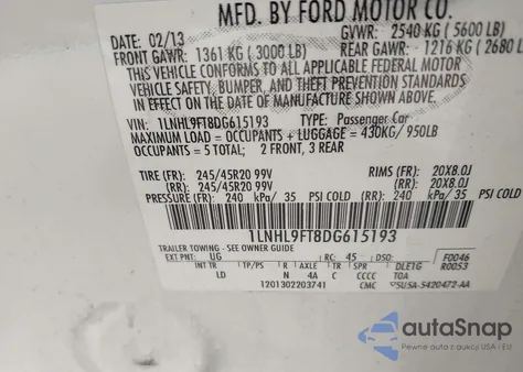 2013 Lincoln Mks Ecoboost z USA, uszkodzony, nr VIN 1LNHL9FT8DG615193